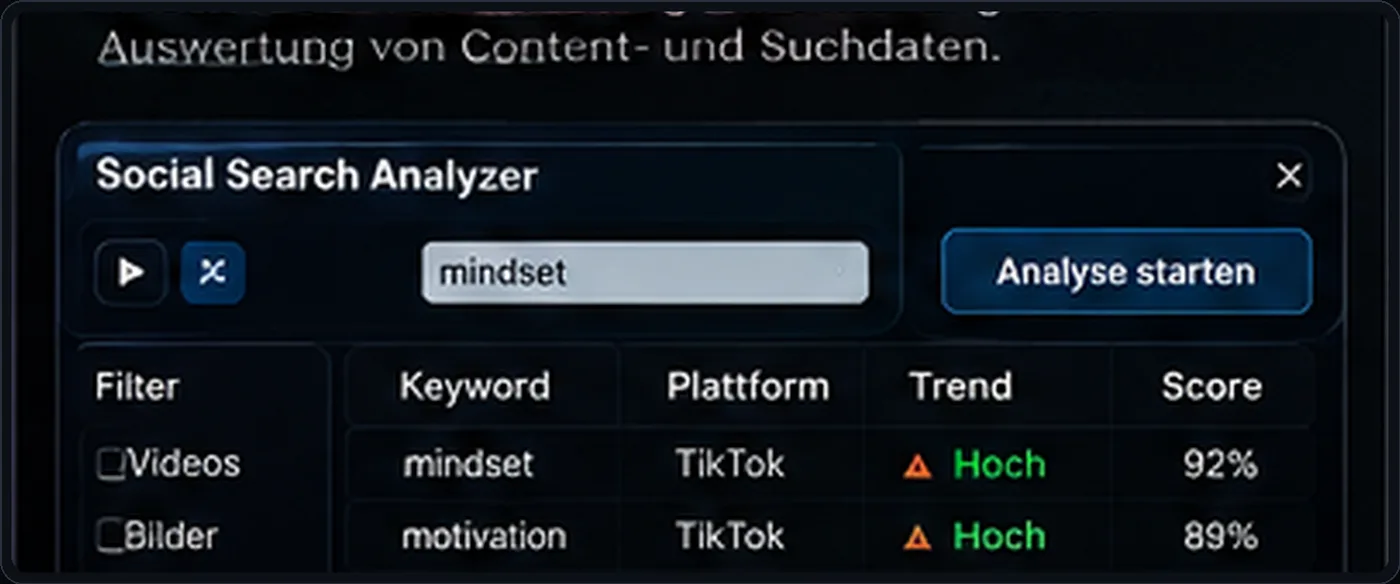 Konzeptvisualisierung des Social Search Data Analyzers mit anonymisierten Demo-Daten